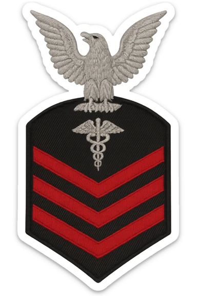 U.S. Navy Chief Petty Officer (E-7) sleeve insignia, realistic style, silver eagle perched above a rocker and three red chevrons with a specialty mark in between, no background, transparent sticker