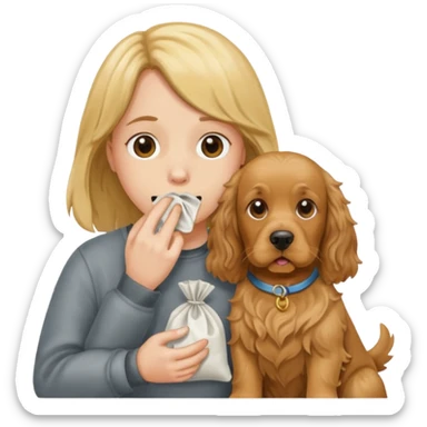 Holding my nose to a smelly poo bag with an English golden cocker spaniel sticker