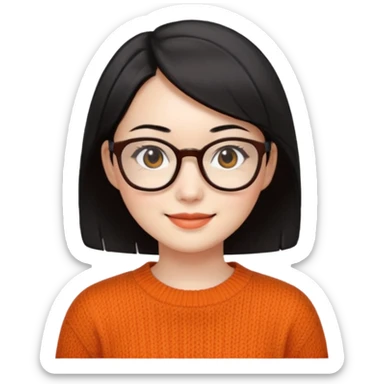 Korean 35-year-old female online marketer / white face / smiling expression / short hair / intellectual look / black hair / orange knit / brown glasses sticker