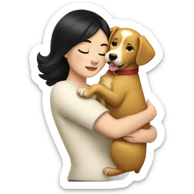 White woman with a black hair hugging a golden dog sticker