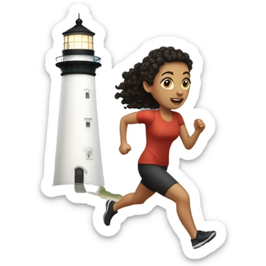 White woman with dark curly hair in a ponytail running toward a lighthouse sticker