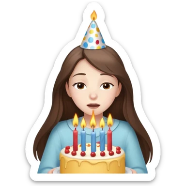  beautiful pale brunette girl with long hair with birthday cap blow out the candles on her birthday cake eyes closed sticker