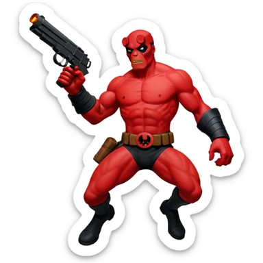 cinematic realistic superhero Hellboy by Mike Mignola jumps and shoots sticker
