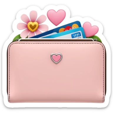 Pale Pink cute Wallet with heart charm, credit cards inside and flowers growing from it, clean aesthetic sticker