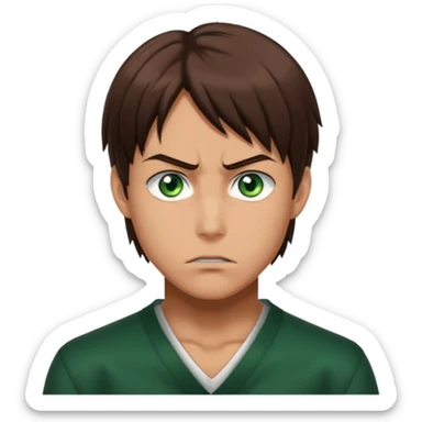 “Make him look like Eren Yeager S3 — long brown hair tied back, strong jawline, sharp green eyes, that cold, intense Eren vibe.” sticker