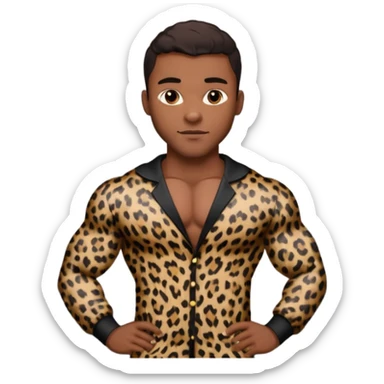 Handsome Black guy with brown skin tone, with muscular build, wearing black leapard print pajamas  sticker