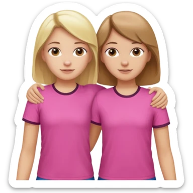 Two Girls with their arms around each other at summer camp one blonde one brown hair wearing pink shirt sticker