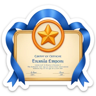 Create a glossy 3D certificate emoji with a cream diploma, rounded corners, a blue ribbon seal, orange tails, and an embossed star. sticker