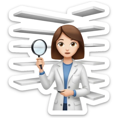 emoji of white empty shelf in perspective view with a standing woman nearby, she is looking at the shelfs with a magnifying glass, she is turned to the shelfs sticker