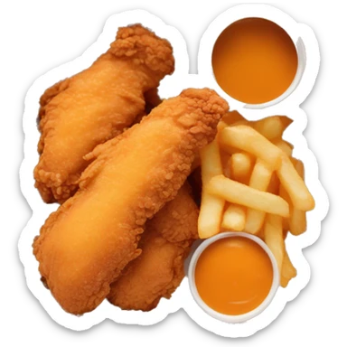 3 chicken tenders with crinkle fries and orange sauce on the side in a styrofoam container sticker