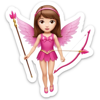 Hada de piel clara cupido pequeña  de cabello largo lacio castaño con flequillo y ojos cafés  vestida con algo sensual semitransparente corto color blanco o rojo con 1 arco y una sola flecha que combinen y labios rositas tipo Barbie pero en hada cupido de cuerpo completo de pies a cabeza   sticker