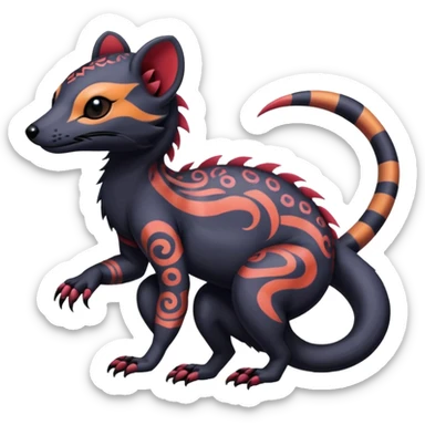 Rare warm-colored exotic gloomy tropical edgy cute epic aesthetic spooky  gothic colorful Salandit-Noibat-Civet-species-Fakemon-hybrid-creature, with tribal tattoo markings, full body sticker