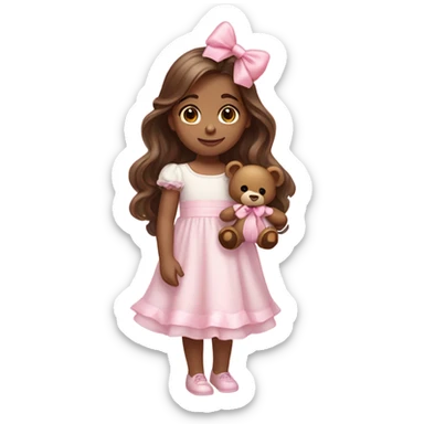 Little  babygirl with fair (brown) skin,. Long brown hair, with light pink bows.  She is wearing a light pink and White dress, holding a teddybear with a pink bow. sticker