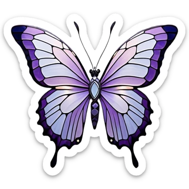 a stunningly detailed butterfly with lilac and ice-purple wings, adorned with an elegant mosaic-like pattern resembling stained glass. The wings should display a harmonious blend of swirling and geometric designs, giving them a mystical and artistic feel. The butterfly should have a graceful, elongated body with a subtle metallic sheen, enhancing its enchanting presence. sticker
