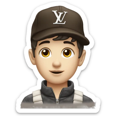 Handsome Young boy , with White skin ,  dark hair , wearing cap Louis Vuitton   sticker