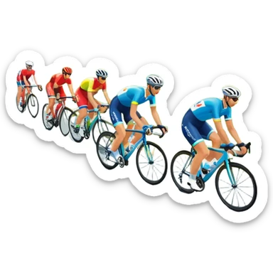 A dynamic icon of a professional cycling race. Cyclists in colorful jerseys speed along a winding road, their bikes leaning into the turn. The background showcases rolling green hills, a bright blue sky, and cheering crowds along the roadside. The scene radiates energy and motion.  sticker