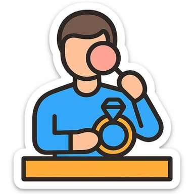 digital communication theme of a person appraising a gold jewel at a counter sticker