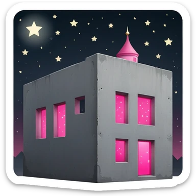Night view of minimalist gray concrete Russian building, shadowy rectangular structure with one bright pink glowing window, stars in sky sticker
