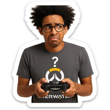 a playful Overwatch fan who rarely plays, holding a controller but looking confused sticker