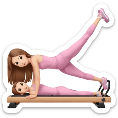 pretty caucasian teen with hazel eyes long brown hair wearing light pink workout clothes doing a plank on a pilates reformer sticker
