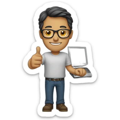 man with glasses and a computer in his right hand and a thumbs-up with his left hand sticker