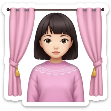 a asian japanese girl with a dark brown bob with curtain bangs, wearing a pastel pink wintery sweater sticker