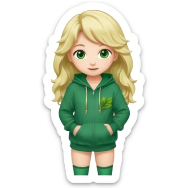 Chibi anime girl, full body, long wavy blonde hair, large green eyes, blushing cheeks, shy smile, leaning forward, wearing an oversized green hoodie with a dark green leaf pattern. sticker