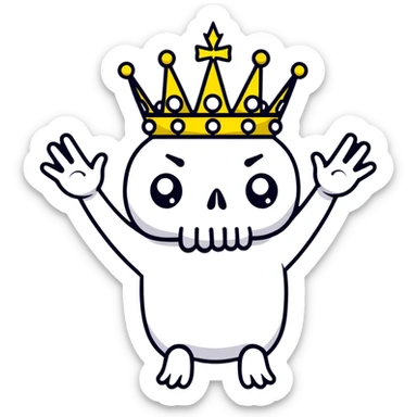 A shocked skull with a crown on top, both hands raised pressing on its head in disbelief, black and white sticker