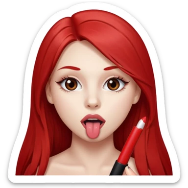 una chica de 18 años sacando la lengua con los labios con pintalabios nude y los ojos maquillados, de piel blanca con el pelo liso, largo y pelirrojo, ojos marrones sticker