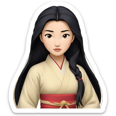 Cinematic Realistic Mulan Portrait, depicted with lifelike skin texture, soft natural lighting, and intricately detailed long black hair styled elegantly. Her deep, expressive eyes exude determination and grace, complemented by a serene yet confident expression. She is dressed in her classic attire, with rich fabric textures and delicate folds that catch the light beautifully. The portrait features a soft, enchanting glow with a natural, radiant finish, capturing the essence of timeless strength and beauty in a realistic and painterly style, evoking a sense of depth and authenticity. sticker