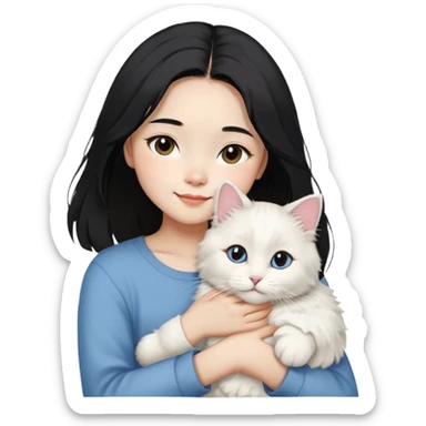 A young Chinese girl with shoulder-length black hair, styled in a sleek center-parted (4/6) cut, gently holding her fluffy white Ragdoll cat.  The girl has a happy and loving expression as she embraces her cat. The background is soft and warm, creating a cozy and affectionate atmosphere. The image is detailed and realistic, highlighting the textures of the woman's hair and the cat's plush fur." sticker