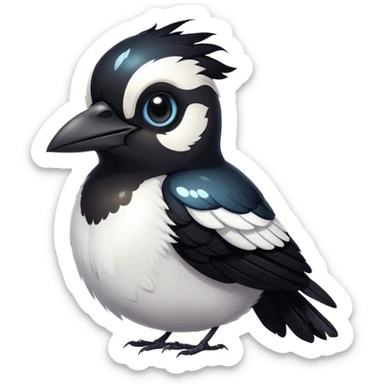 Cinematic Cute Magpie Portrait Emoji, Head tilted playfully and inquisitively, featuring a compact, elegant form with glossy, contrasting black and white feathers and round, sparkling eyes full of playful charm, Simplified yet irresistibly adorable features, highly detailed, glowing with a warm, inviting glow, high shine, affectionate and lively, stylized with a touch of whimsical urban flair, soft glowing outline, capturing the essence of a mischievous yet endearing magpie that seems as if it could flit out of the screen into your arms! sticker