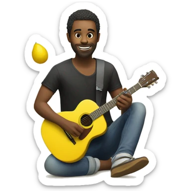 30 year old guy playing a guitar on beach but guitar is made from a lemon sticker