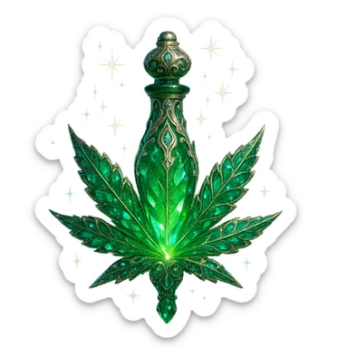 luxurious crystal elixir bottle in the shape of a cannabis leaf or with cannabis motifs, vibrant green color, ornate silver and iridescent details, magical glowing and sparkling effects, very small neck, seamless bottom, bottle clearly floating in air, no base or shadow, modern, collection style, transparent background sticker
