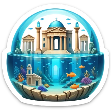 Atlantis underwater city with domed buildings, ancient Greek architecture, glowing blue energy crystal, surrounded by fish, more simple and ruins sticker