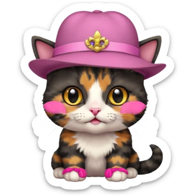 Cute black tortoiseshell kitten wearing a british hat, golden eyes sticker