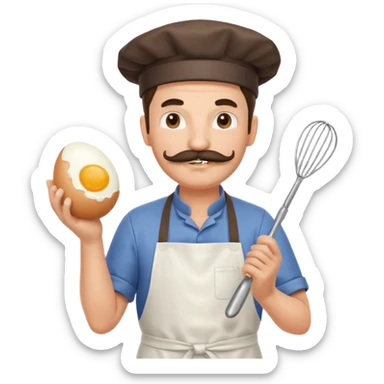 Middle aged male pastry chef - with a mustache, apron, white hat, and holding an egg beater in one hand sticker