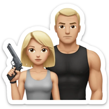 A blond woman has a gun pointer at a tall muscle guy with brain hair  sticker