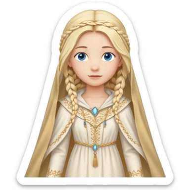 Joven de unos 20 años, de aspecto dulce y elegante.
Piel clara, ojos (pueden ser azules o verdes)
Rubio o castaño claro, largo, con trenzas o velo.
Vestido largo de tonos suaves (blanco, azul o lavanda), con bordados dorados; un manto o toca fina cubriendo la cabeza. Haz todo el cuerpo sticker