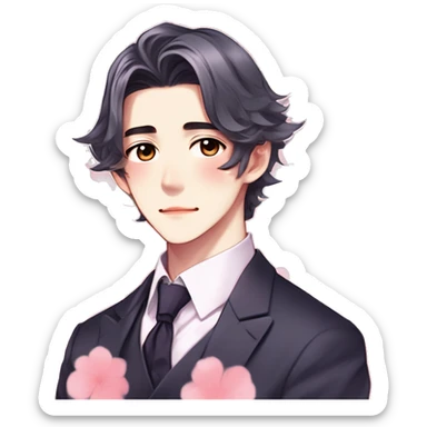Gorgeous romantic hot attractive anime style Asian formal modern gentlemanly guy with pretty hair and flower petals and blushing face aesthetic trending style with colorful gradient colors  pastelcore cottagecore kawaiicore sticker