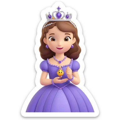 Sofia the First as a 3D emoji, holding her amulet, in her purple dress and tiara, happy and magical sticker