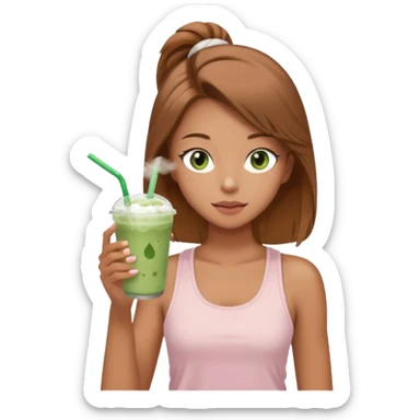 girl with light brown hair and green eyes and tan skin  wearing light pink tank top with white sweatpants drinking iced matcha latte with a face sheet mask on sticker