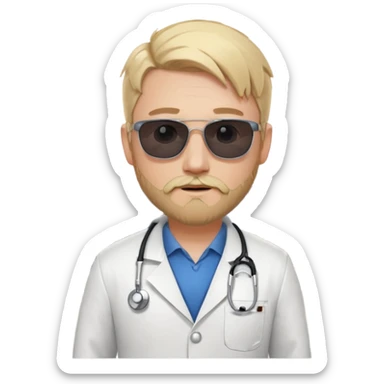 White tesla model 3 and one cool physician with blond hair, beard, stetoscope and dark sunglasses next to it sticker