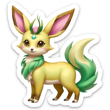 Colorful brown with rose pink, yellow-beige-cream, jade-green tropical exotic shiny beautiful fantasy-Vernid-Cacomistle-Leafeon-Sylveon-animal-Fakémon-hybrid-fursona (full body) sticker