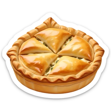 Cinematic Realistic Burek sa Sirom Dish Emoji, showcasing a flaky pastry filled with cheese rendered with crisp textures and appetizing, warm lighting. sticker
