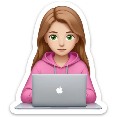 girl with light brown hair brown eyebrows fair skin green eyes long hair looking at laptop wearing pink hoodie  sticker