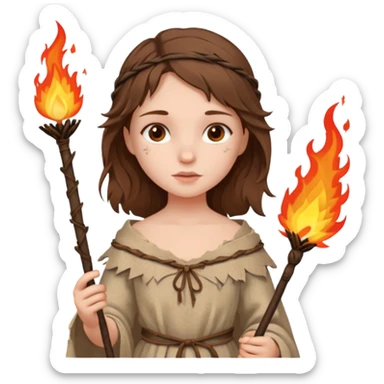 ancient european girl, tattered leaf cloth, hold fire stick sticker