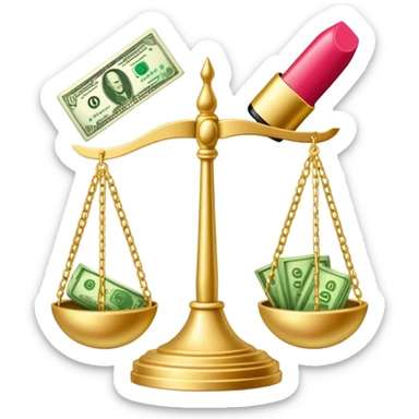 gold scale with green dollar bills on left side and lipstick and nail polish on right side sticker