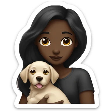 girl with very long black hair and dark skin hugging a Labrador puppy sticker