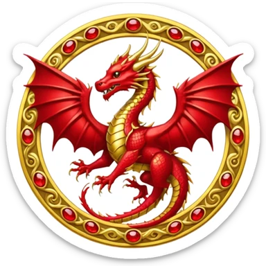 Golden dragon with wings crest / brosch in a circle with red gems and no background sticker